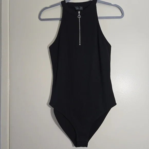Top Shop Racerback Black Ribbes Zip Up Bodysuit Size US 8 - Picture 2 of 9